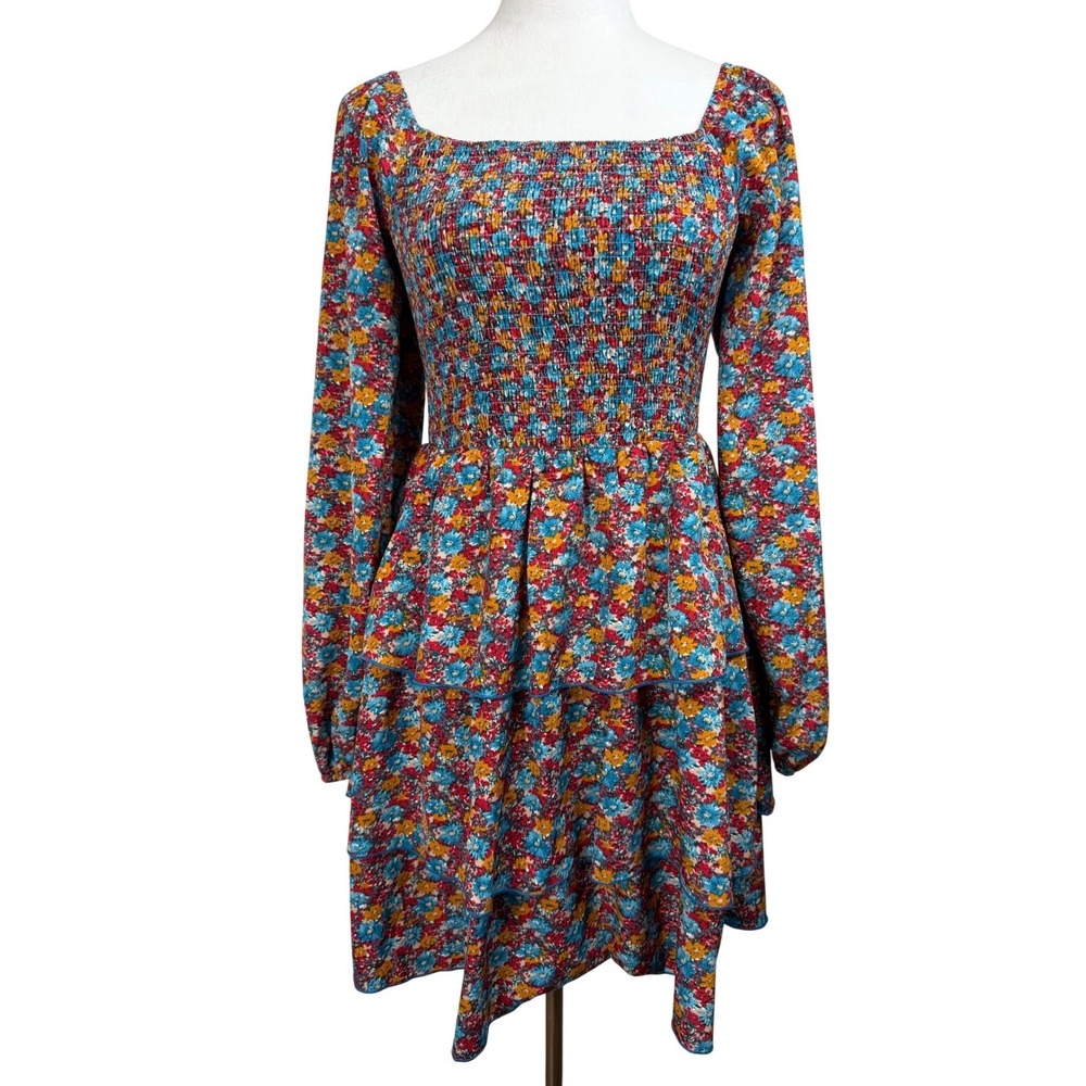 BTFBM Women's Mini Dress Floral Smocked Tiered Cottagecore Square Neck Small NWT